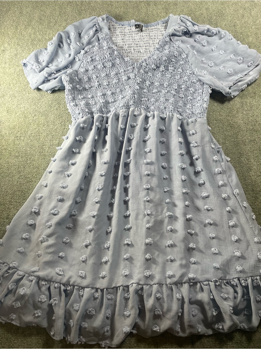 Smocked‎ Puff Sleeve Midi Dress in Soft Light Blue